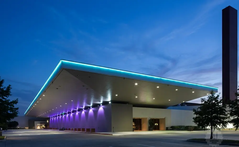 Modern building with a large, illuminated canopy at dusk, featuring a tall dark tower.