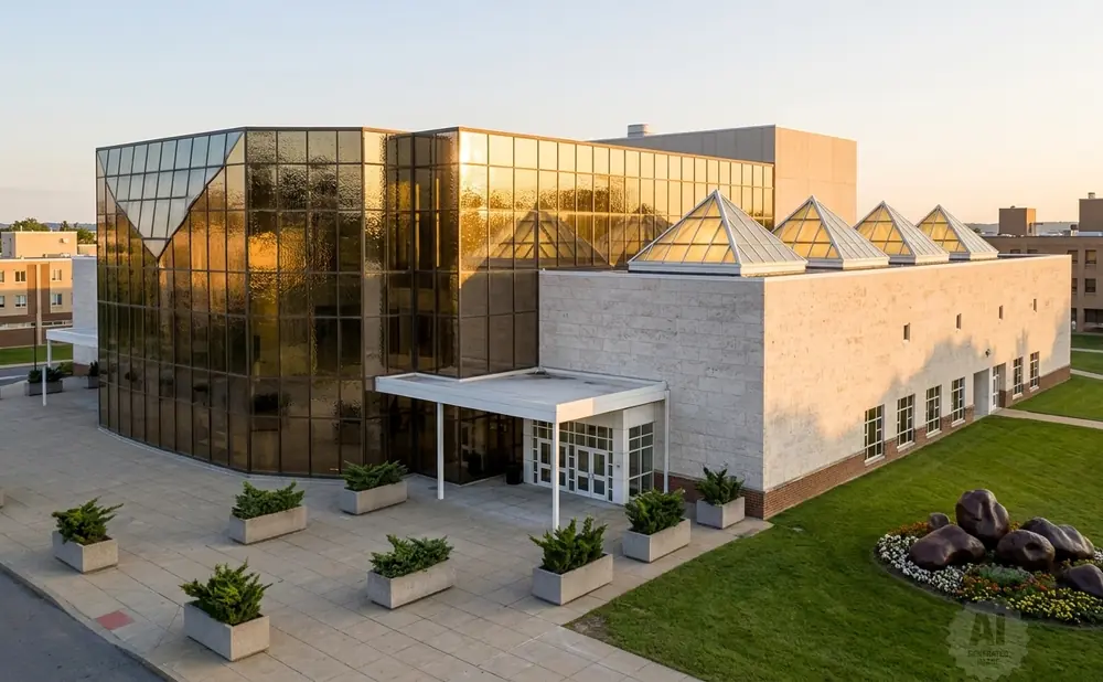 Modern building with reflective gold glass facade and limestone exterior, featuring triangular skylights and a landscaped garden with large sculptures.
