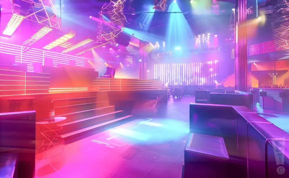 A nightclub with tiered seating, a stage, bar, and colorful neon lights.