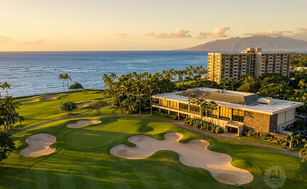 Aerial view of a golf course and resort buildings at sunset, with the ocean and a distant island in the background.