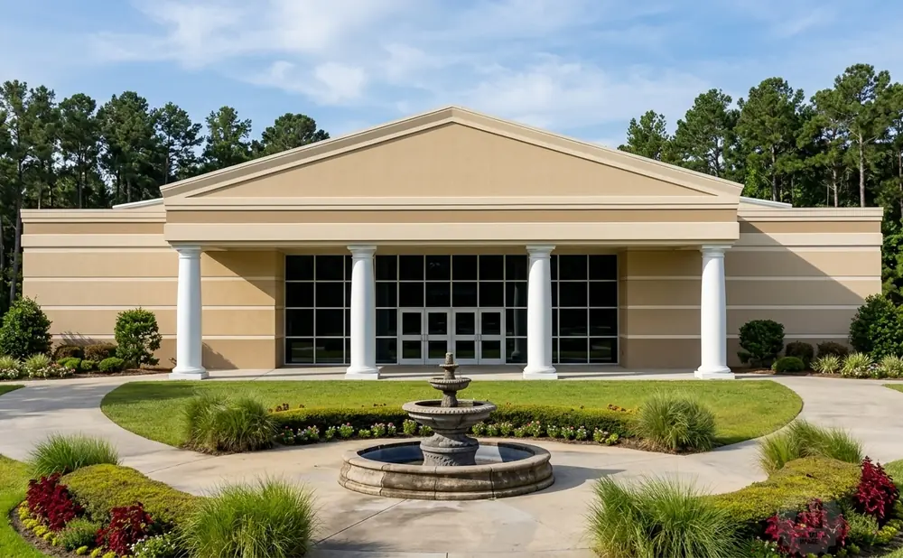 A tan building with white columns has a fountain in front, surrounded by landscaping and trees.