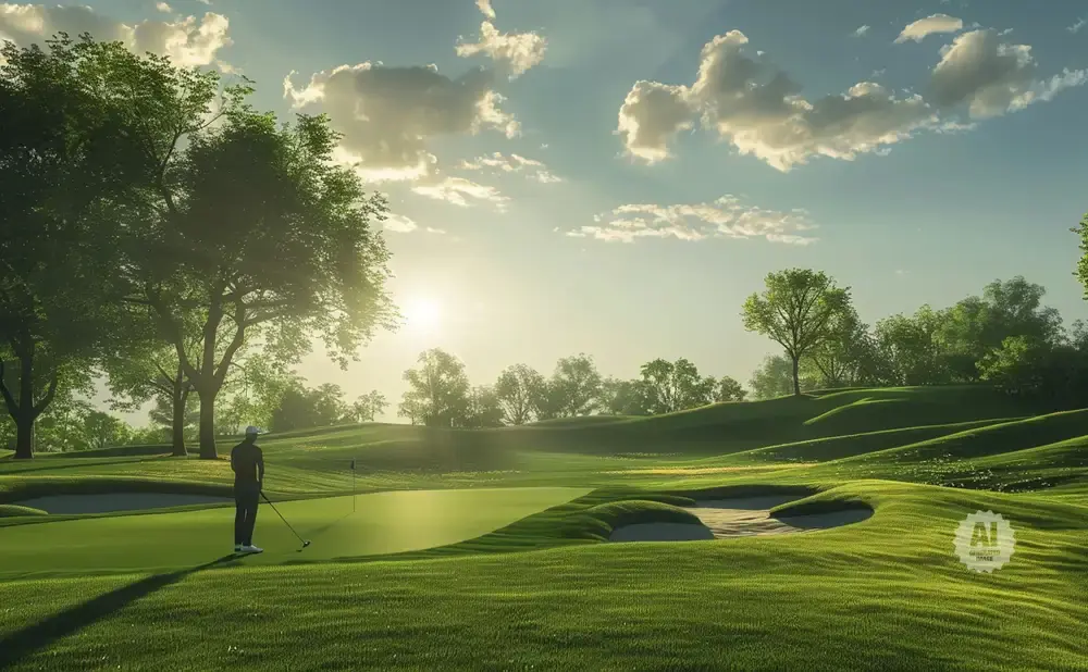 A golfer putts on a lush green golf course at sunrise.