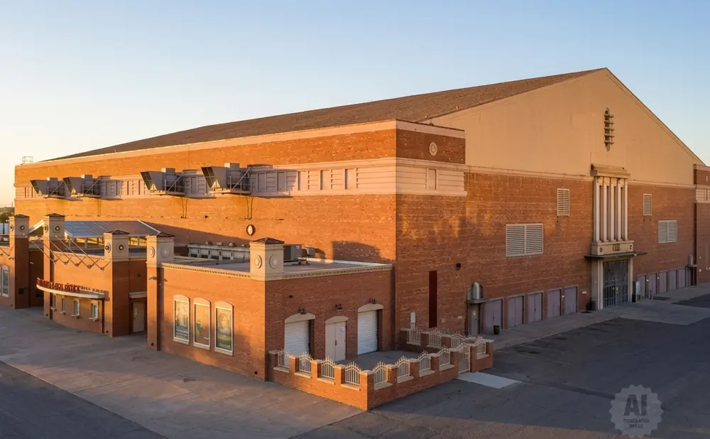 Exterior of a brick building with a large roof, air conditioning units, and a main entrance.