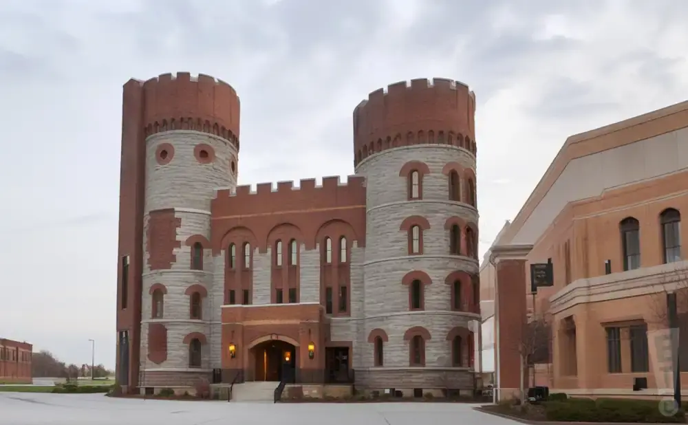Castle-like brick building with two towers and a connecting section, adjacent to a modern tan building.