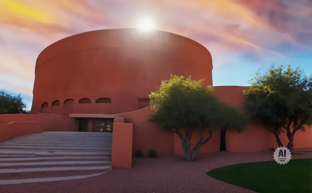 A large, round, terracotta building with a curved entrance and stairway, surrounded by desert landscaping and trees under a colorful sunset sky.