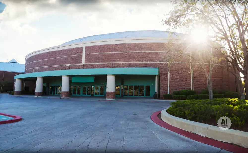 Large brick building with a curved roof, a teal awning supported by columns, and glass doors.