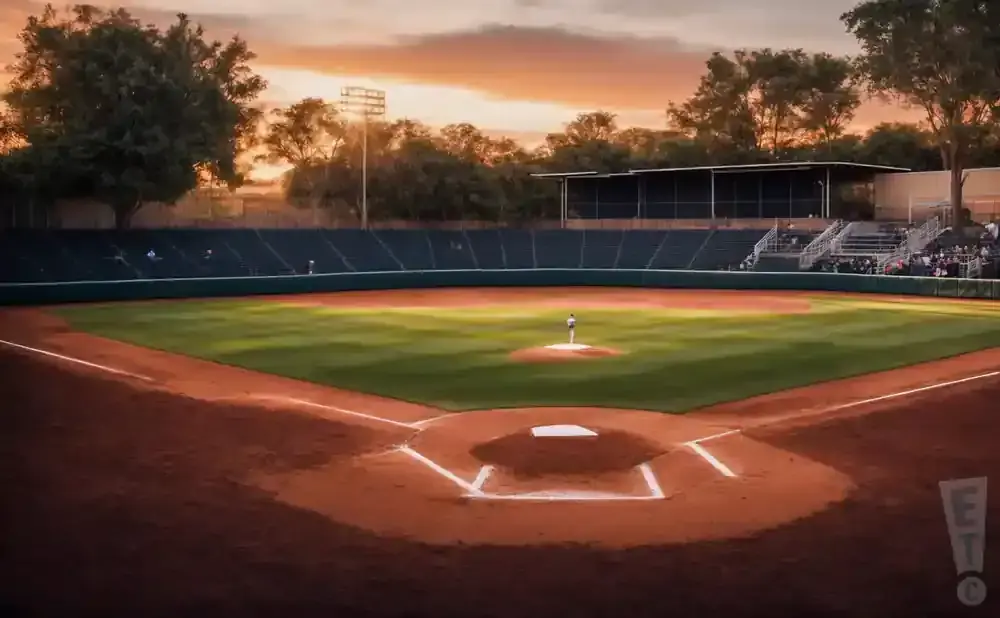 Baseball stadium at sunset with a lone pitcher on the mound.