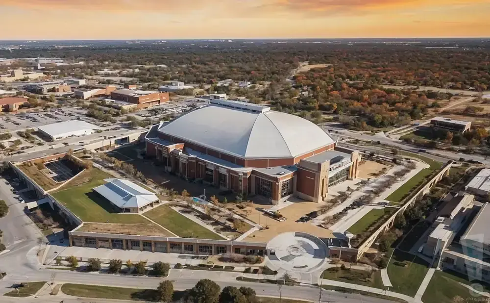 Aerial view of a large domed stadium with surrounding buildings and trees under a warm, orange sky.