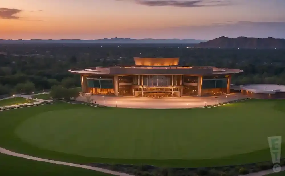 An aerial view of a circular, modern building with glowing windows, set against a sunset and rolling hills.
