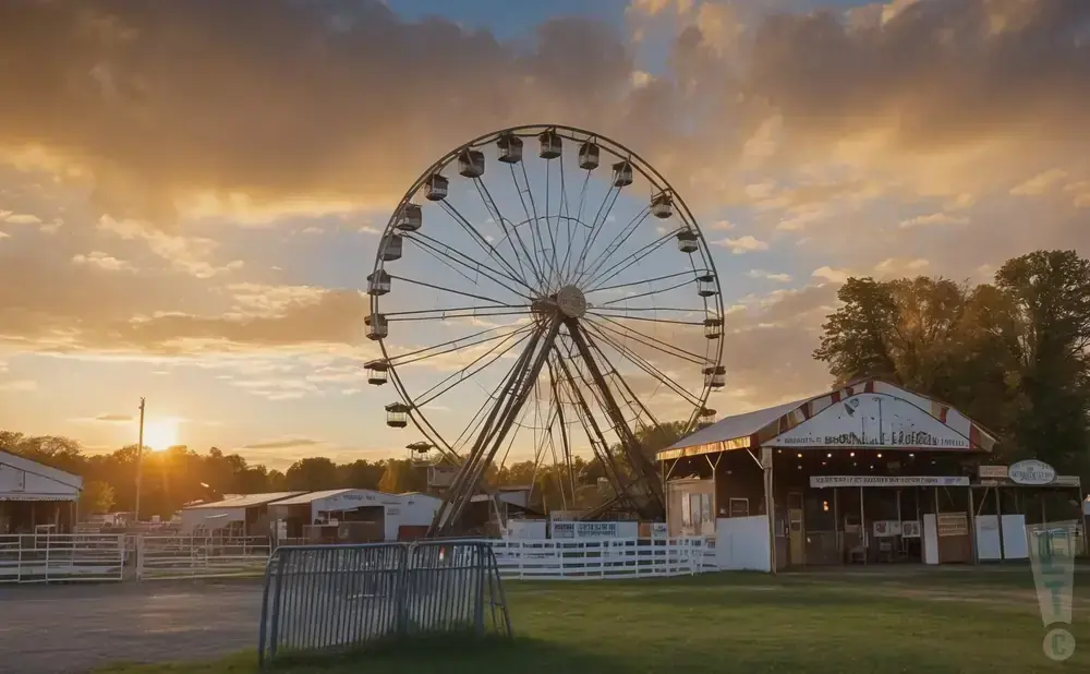 Ferris wheel at a carnival at sunset, with tents and trees in the background.