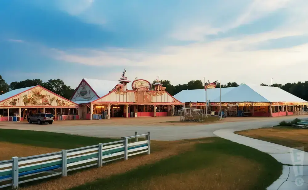 Amusement park buildings with tents and colorful trim under a cloudy sky.
