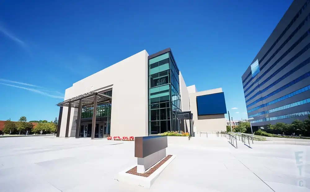 Modern building with glass facade and a blue screen, next to a tall striped building.