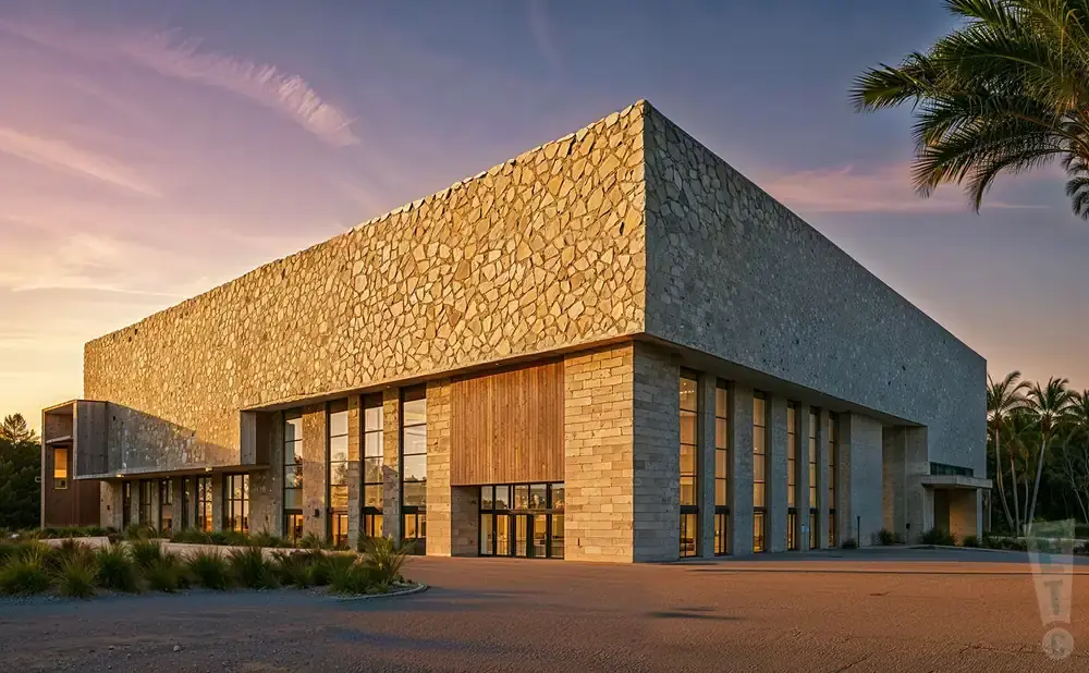 Modern building with stone facade and large windows at sunset, with palm trees.