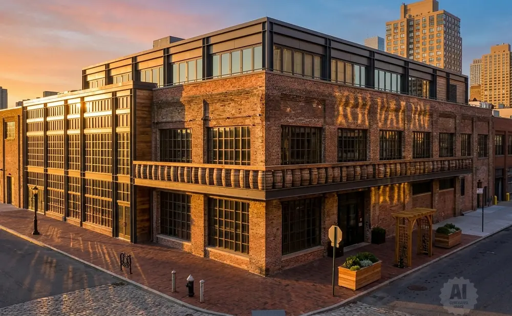 A brick building with large windows and a balcony at sunset.