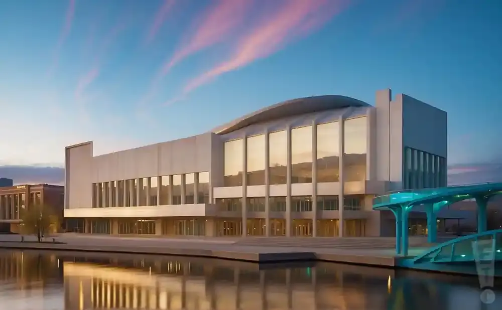 Modern building with large windows and a curved roof, reflecting in the water below at sunset.