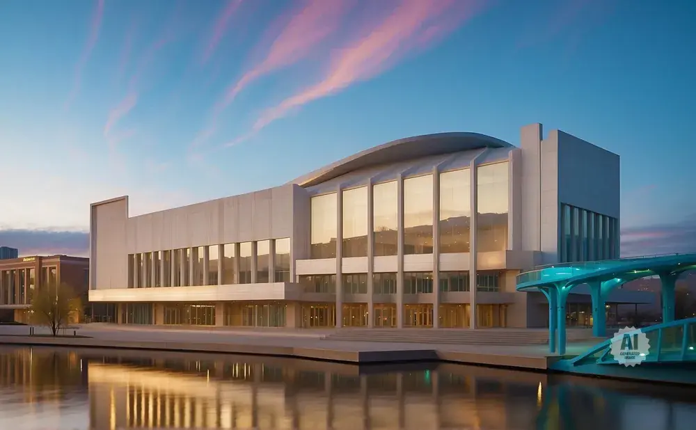 Modern building with large glass windows reflecting sunset sky, with a blue walkway and water in foreground.