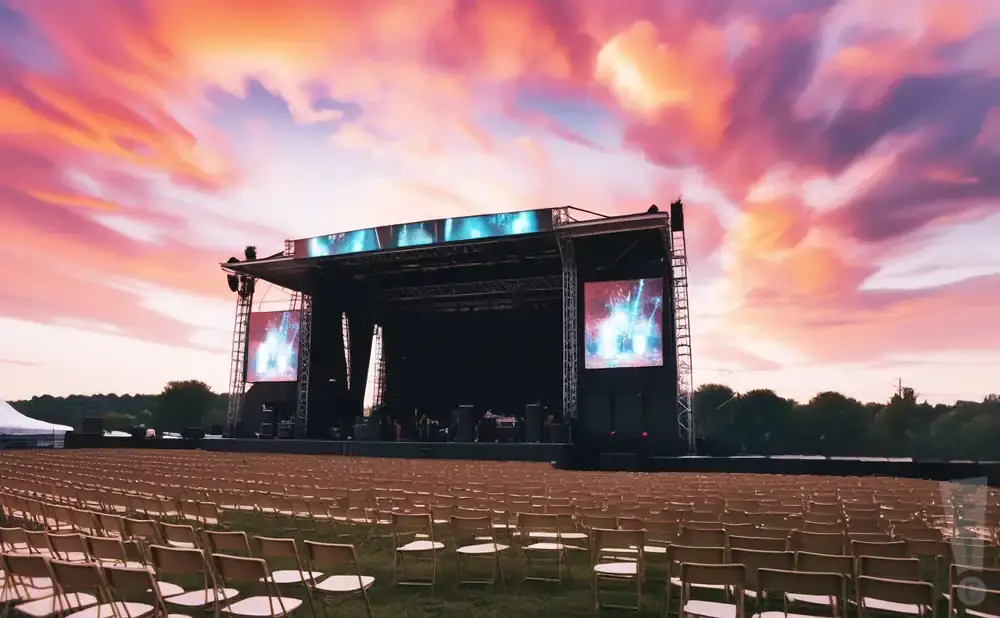 Outdoor concert stage with rows of empty chairs and a vibrant sunset sky.