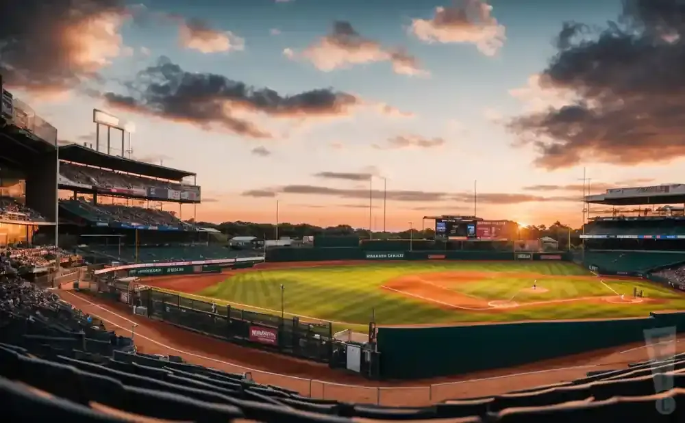 A baseball stadium at sunset with dramatic clouds.