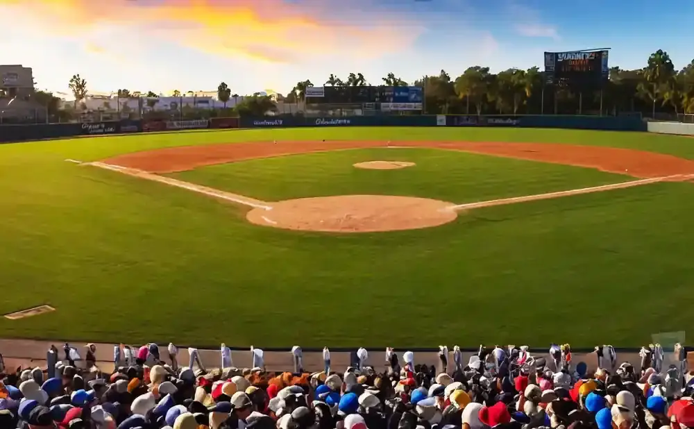 A baseball field at sunset with a scoreboard and crowd in the foreground.