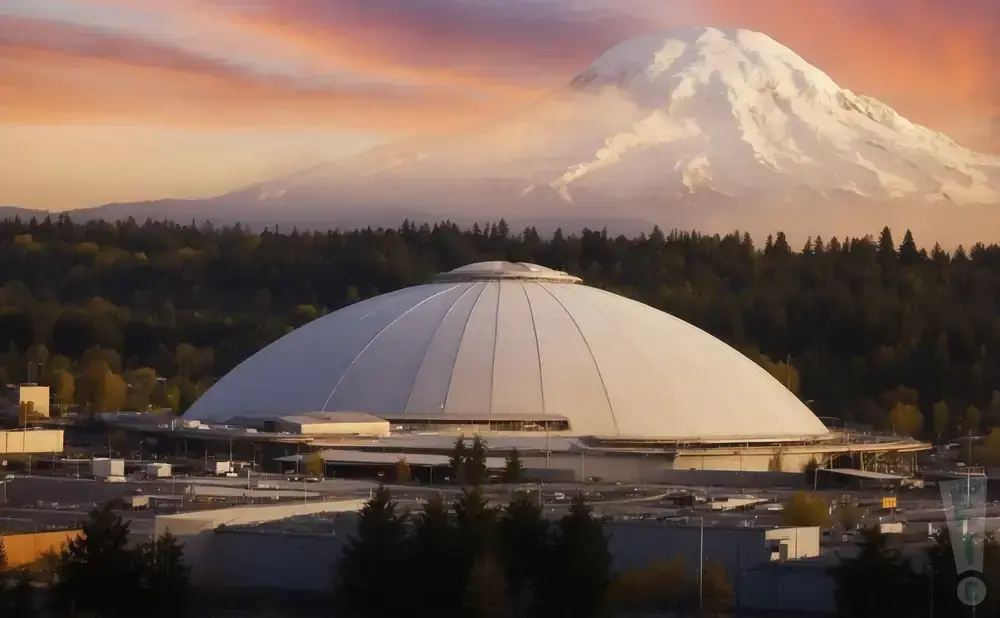 A large white dome stadium sits in front of a snow-capped mountain under a colorful sunset sky.