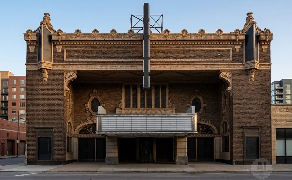 Art deco movie theater with a marquee and ornate brickwork.