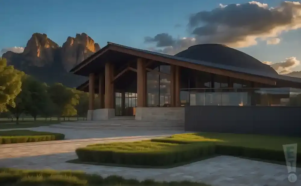 Modern building with wooden beams and glass walls, set against dramatic mountains at sunset.