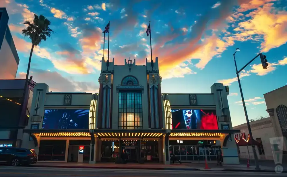 Art deco theater at sunset with colorful sky and palm tree.