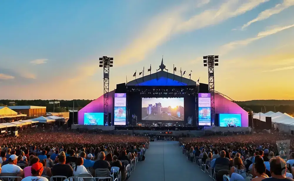 A massive outdoor concert with a huge crowd facing a brightly lit stage at sunset.
