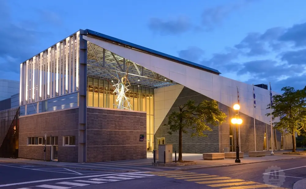 Modern building with a slanted glass roof and illuminated facade at dusk.