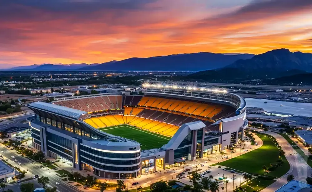 Aerial view of a modern stadium at sunset, with a vibrant orange sky and mountains in the background.