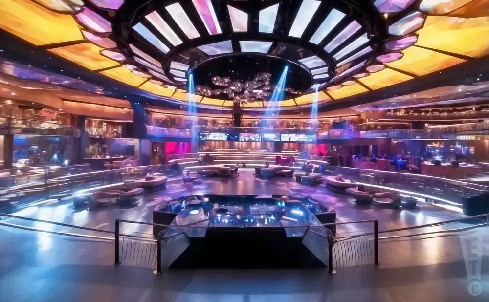 An opulent, multi-level nightclub with a circular bar, lounge seating, and a dazzling ceiling light fixture.
