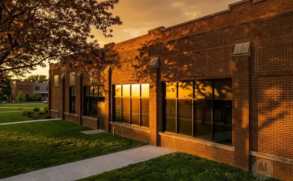 Golden hour light reflects off a brick building's windows, casting tree shadows on the wall.
