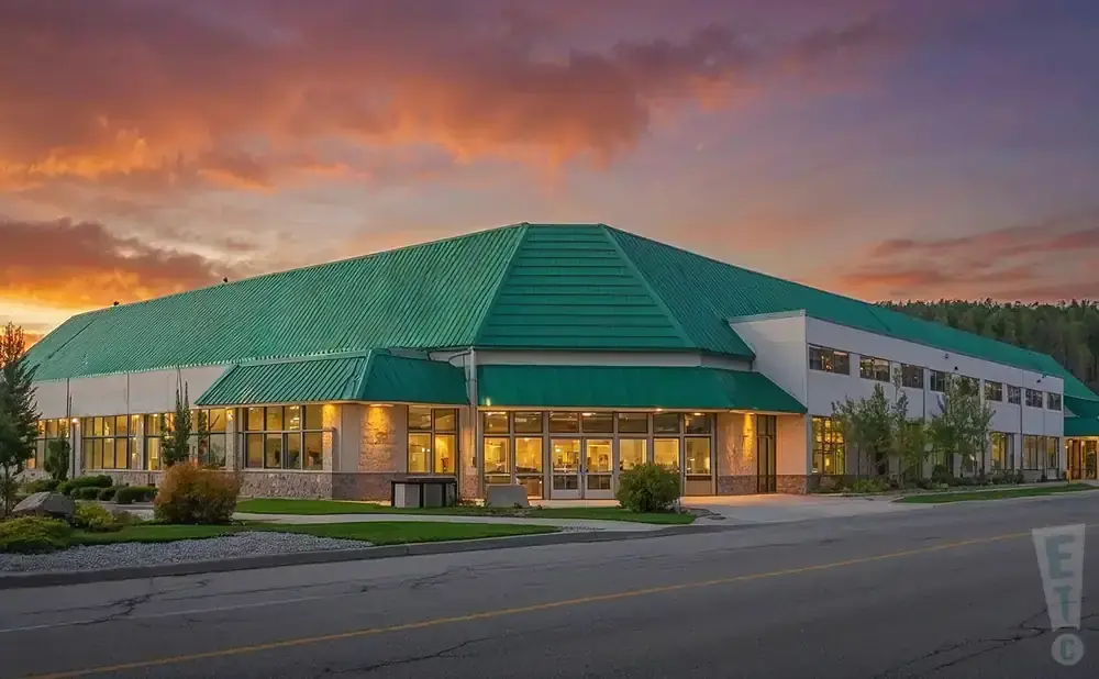A large building with a green, multi-faceted roof and many windows, illuminated at dusk.