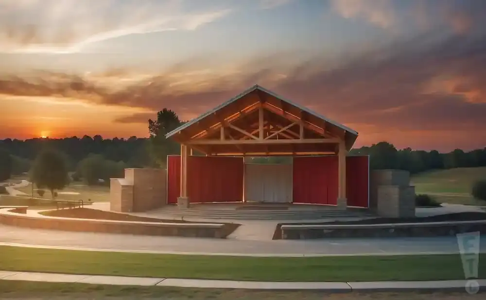 Outdoor amphitheater at sunset with red curtains and a wooden stage roof.