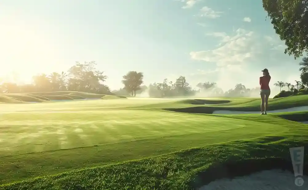 A woman in a red shirt and shorts stands on a golf course, looking out at the green landscape.