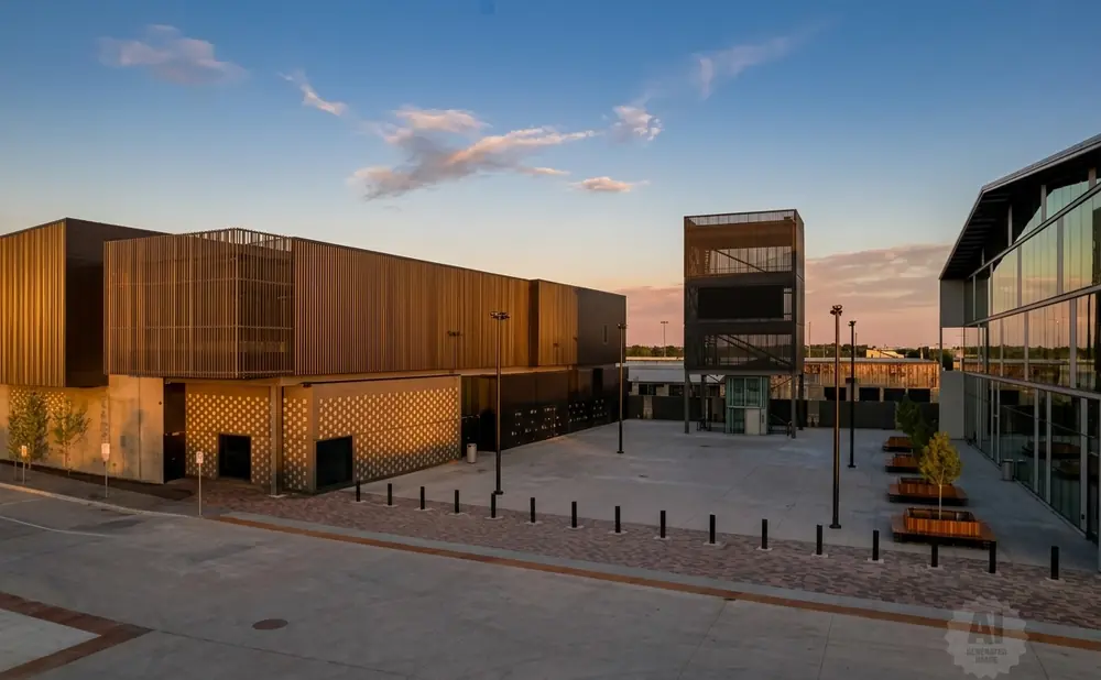 Modern buildings with metal facades and glass windows at sunset, featuring an outdoor plaza with benches and trees.