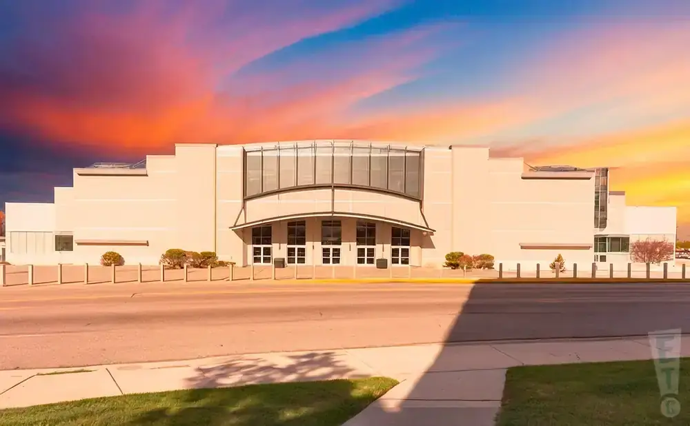 Modern beige building with a large arched glass entrance against a vibrant sunset sky.