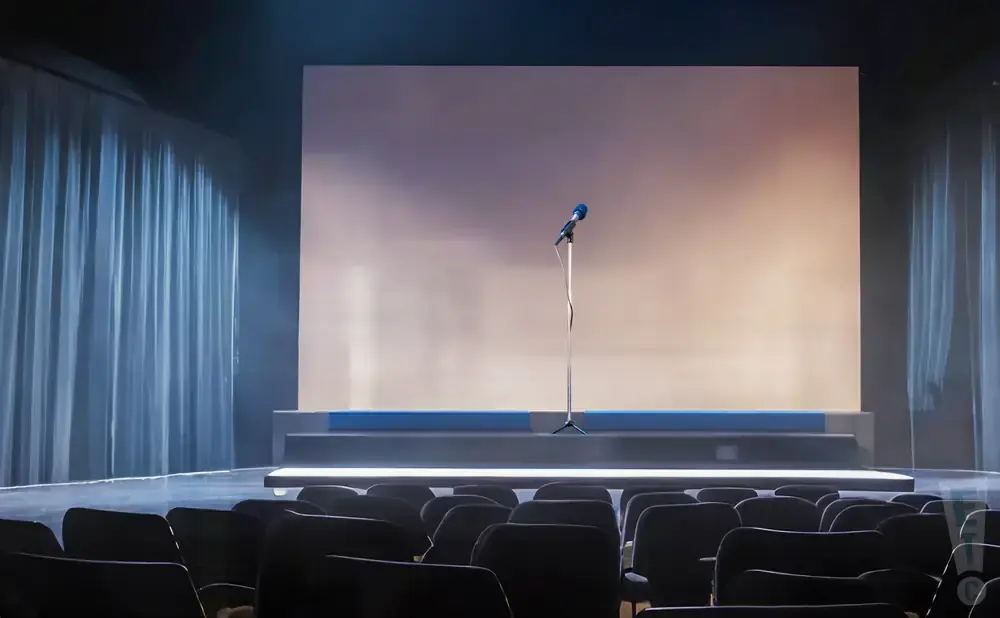 A stage with a microphone and a blank screen, with an audience in the foreground.