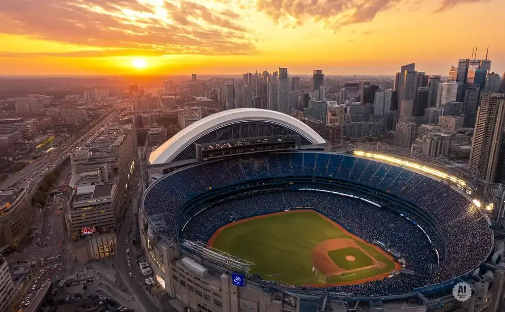 Aerial sunset view of a baseball stadium in a city skyline, with the sun low on the horizon.