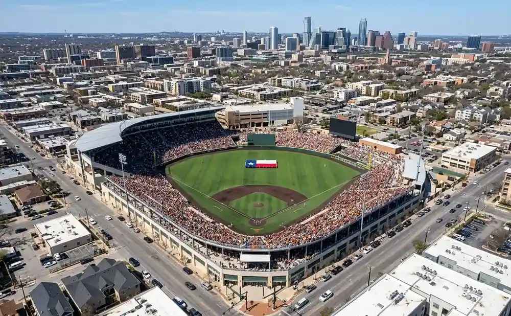 Aerial view of a baseball stadium with a Texas flag on the field, surrounded by city buildings.