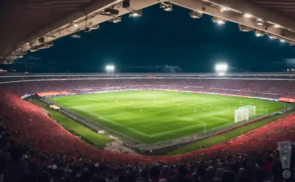 A wide shot of a soccer stadium at night, with a bright green field and a packed crowd in red seats.