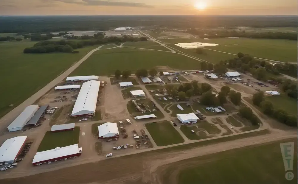 Aerial view of a rural fairgrounds with white-roofed buildings, fields, and trees under a sunset sky.
