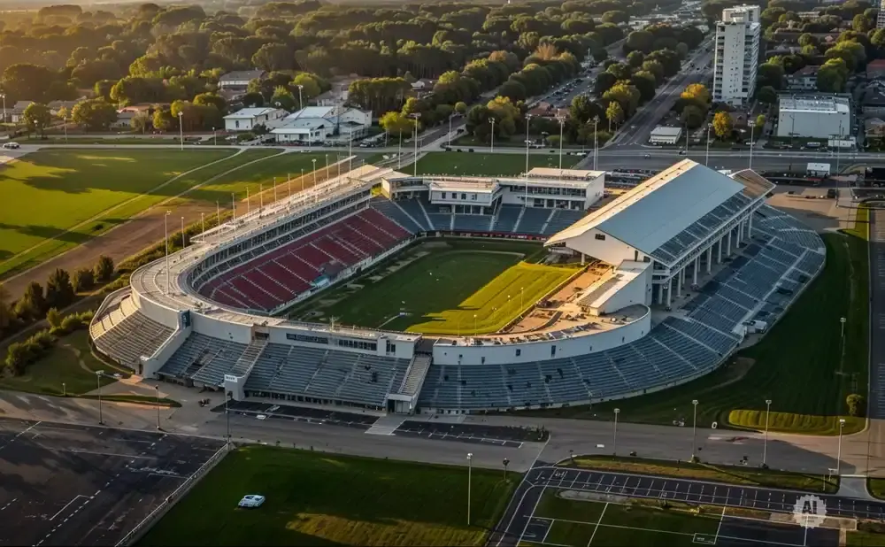 Aerial view of a large stadium with red and blue seats, a green field, and a covered seating area.