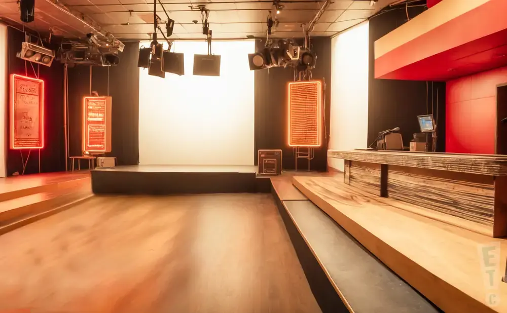 A stage area with a wooden desk, microphones, and a screen, set against a backdrop of black curtains and a large white screen.