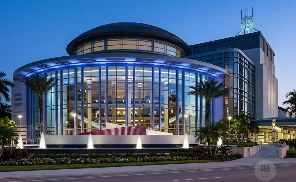 A modern theater building with a glass facade and dome, illuminated by blue lights at dusk.