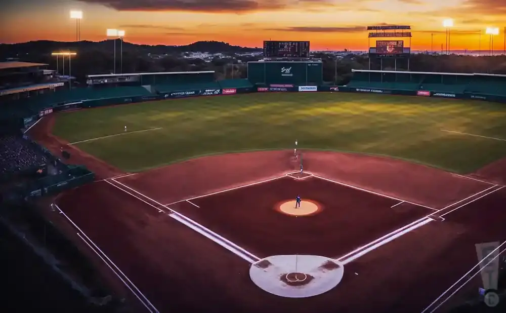 Aerial view of a baseball field at sunset, with lights on and players on the field.