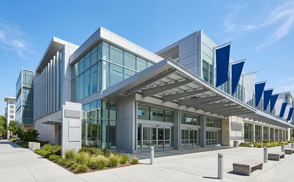 Modern building entrance with glass doors, a large canopy, and blue and white flags against a clear blue sky.