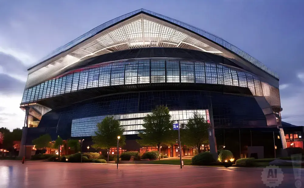 Modern stadium at dusk with glass facade and illuminated interior.
