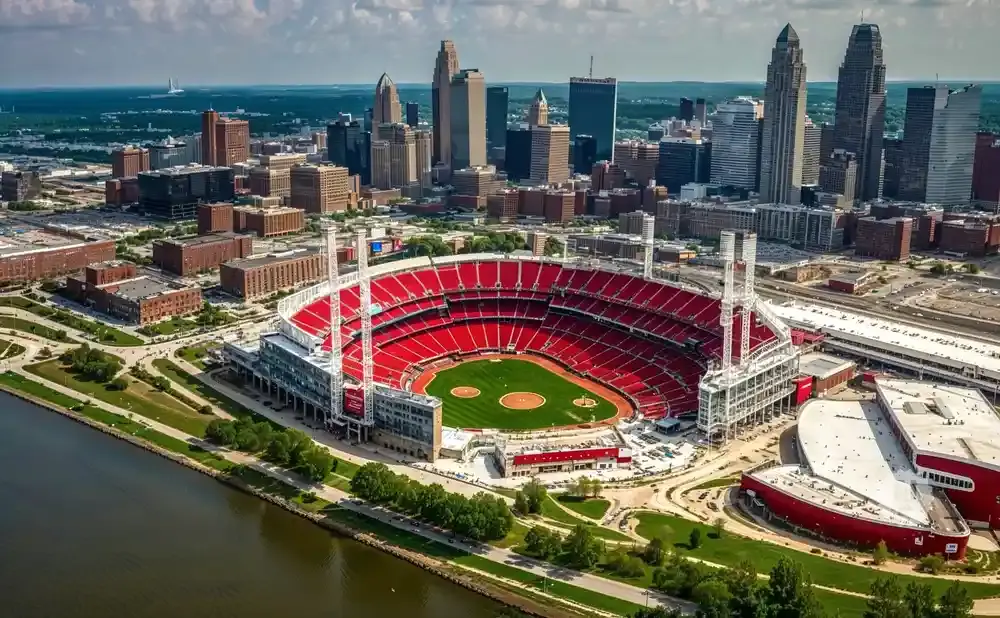 Aerial view of a baseball stadium with red seats and a green field, surrounded by a cityscape and a river.