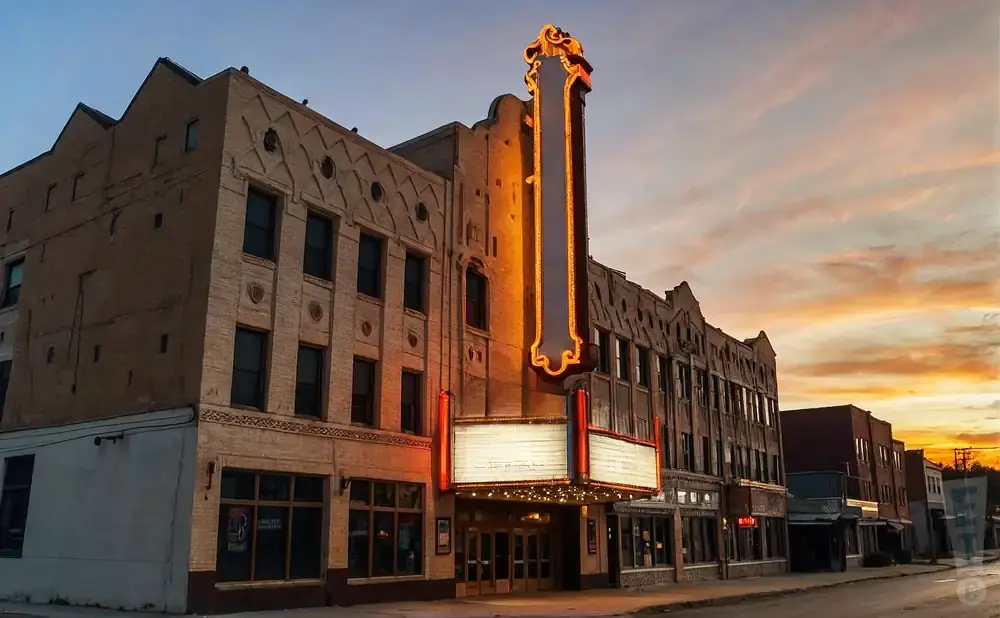 Art deco theater with marquee at sunset.